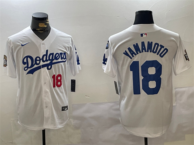 Los Angeles Dodgers #18 Yoshinobu Yamamoto White 2024 World Series With Fernando Memorial Patch Home Limited Stitched Jersey